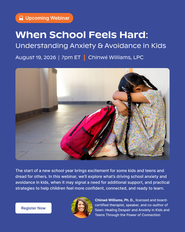 An advertisement displays a young girl sitting with a red backpack, looking down, and holding her head.
