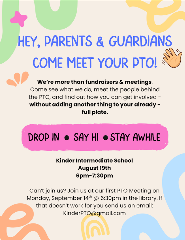 A colorful poster invites parents and guardians to meet the PTO. Text highlights a meet-and-greet, emphasizing involvement without extra work.