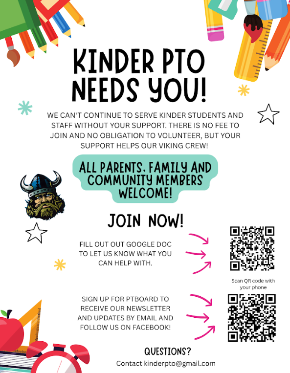 Bright poster with colorful pencils, a ruler, and stars. Text reads "KINDER PTO NEEDS YOU!" QR codes and contact info for joining.