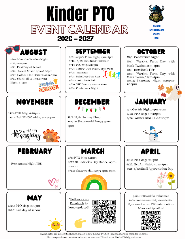 Calendar with twelve months, each with events and decorations. Icons like sunglasses, snowmen, and rainbows. QR codes for more information.