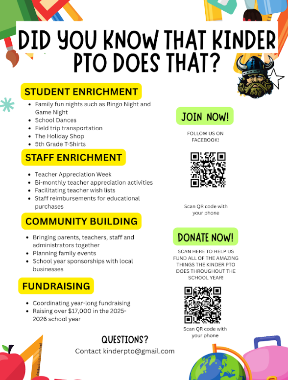 Poster with text and QR codes. Header: "Did you know that Kinder PTO does that?" Sections: Student Enrichment, Staff Enrichment, Community Building, Fundraising.