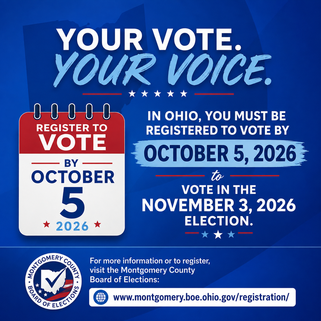 Blue background with white text and a red and white sign. Text reads: "Your vote. Your voice." Important dates for Ohio voting are listed.