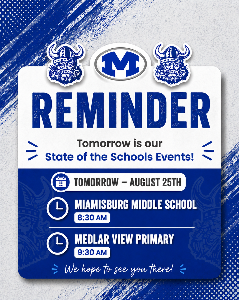 Blue and white sign with two horned head logos at top. Bold text reads "REMINDER" and smaller text reads "Tomorrow is our State of the Schools Events!"