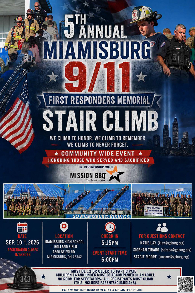 A poster advertises the 5th Annual Miamisburg 9/11 First Responders Memorial Stair Climb. It shows firefighters, police, and a flag.