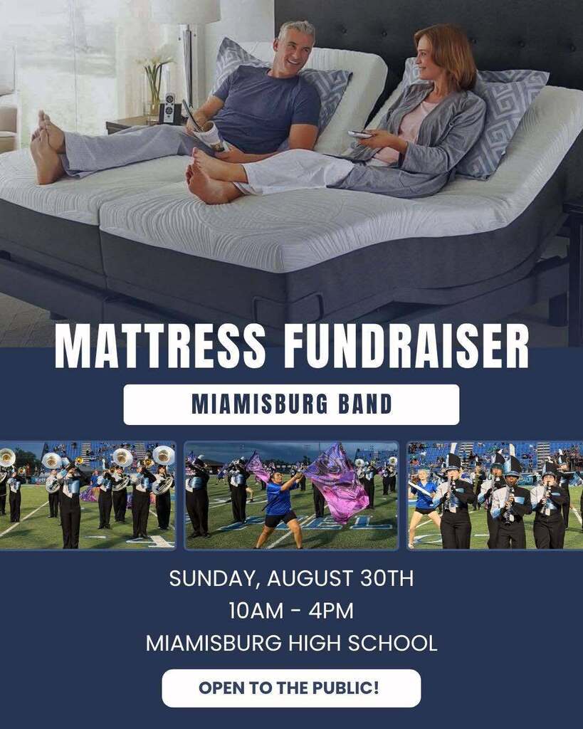 An ad for a mattress fundraiser. Two people sit on a bed. The Miamisburg band is pictured below.
