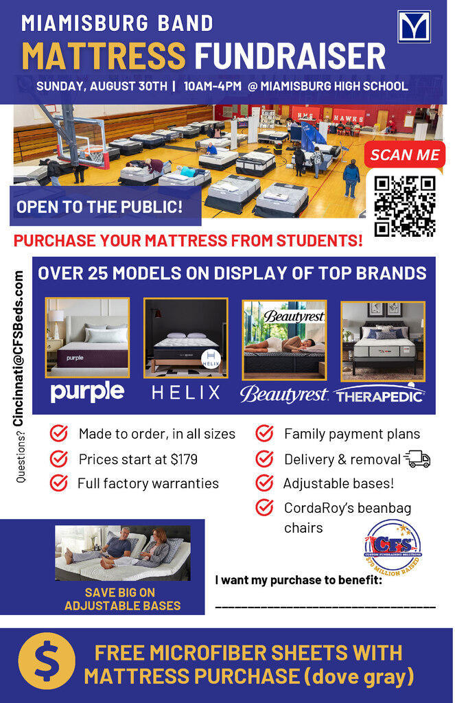 Flyer for a Mattress Fundraiser event by Miamisburg Band, showcasing over 25 mattress models. Features QR code, family payment plans, and special offers.