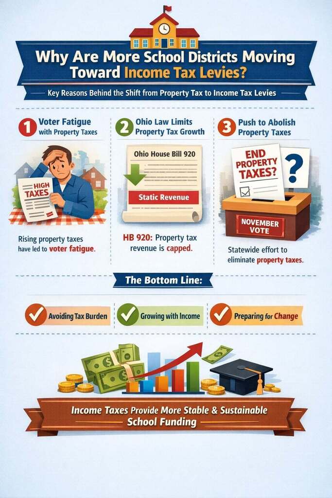 Infographic showing reasons for moving income tax levies, including voter fatigue, capped property tax revenue, and stable school funding.