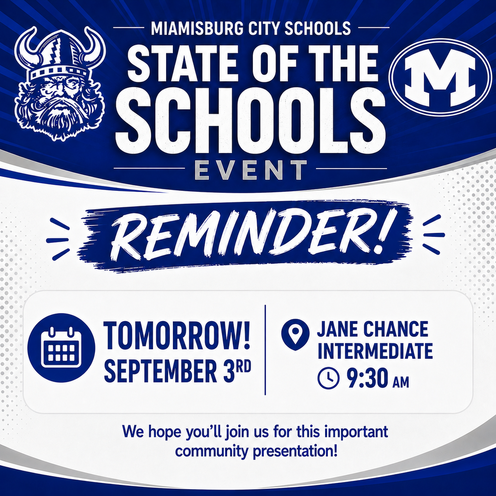 Blue and white flyer with "State of the Schools Event Reminder!" text, Viking helmet icon, date, and location details.
