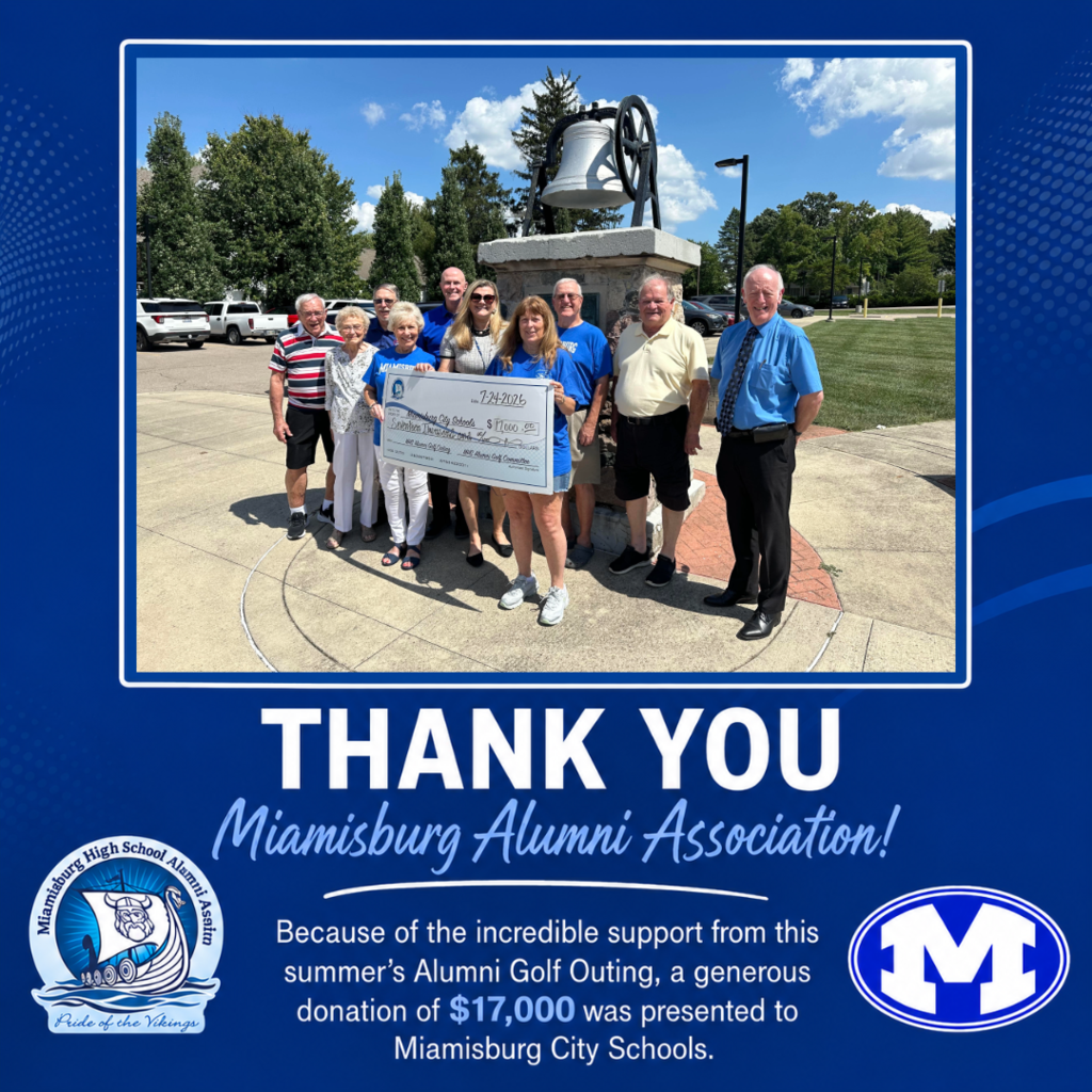 Group of people holding a large check, standing in front of a bell tower. Text reads "Thank You, Miamisburg Alumni Association!"