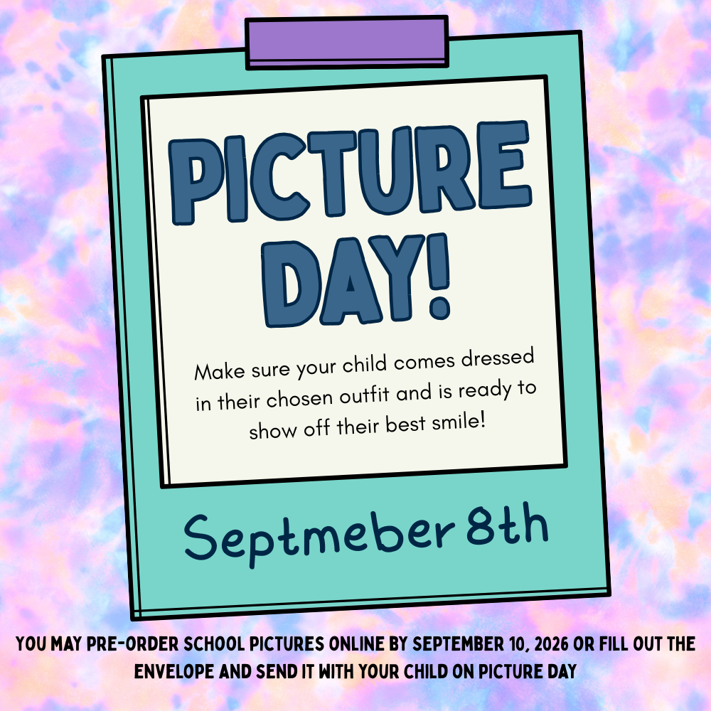 Brightly colored background. A clipboard holds a sign reading "PICTURE DAY!" and "September 8th" with instructions for parents.