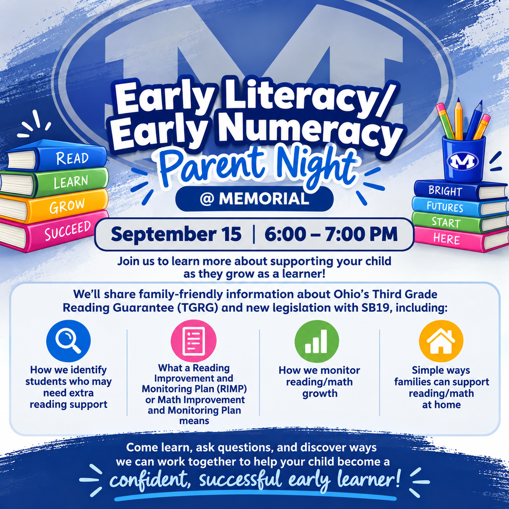 Blue background with white text. Blue banner reading "Early Literacy, Early Numeracy Parent Night" above blue books and pencils. Date and time.
