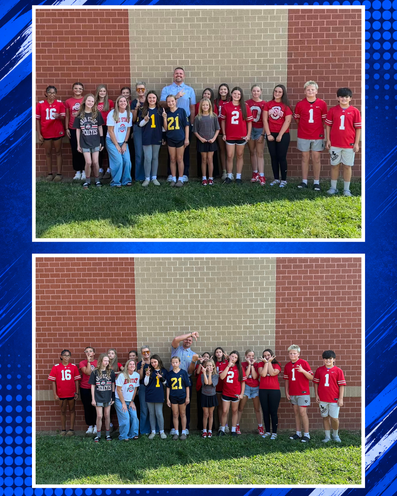 Two photos of a group of young people, all wearing red shirts with numbers. One photo has a man in the middle.