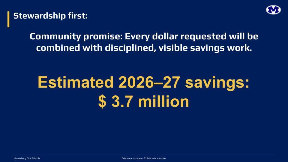 A blue background displays text about community savings. It reads "Estimated 2026-27 savings: $3.7 million" and "Stewardship first: Community promise."
