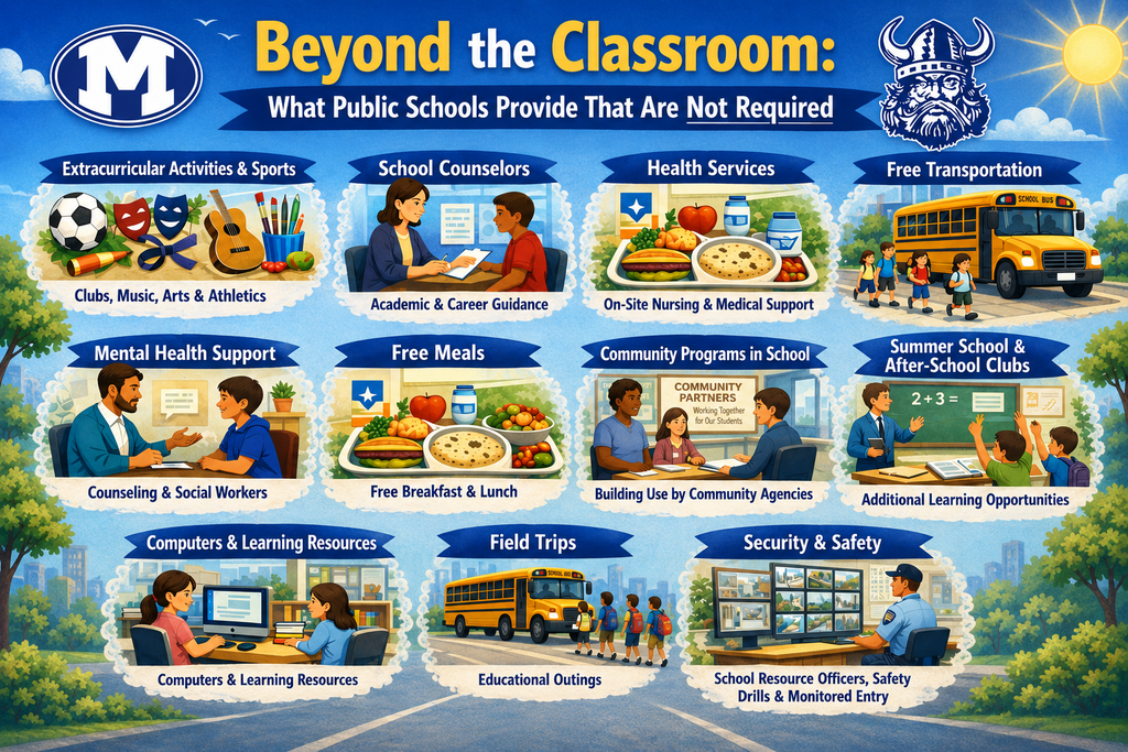 A colorful poster lists 15 services public schools offer, such as free meals and transportation, with images of activities and people.