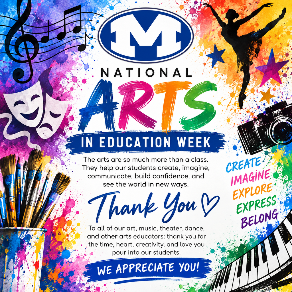 Poster celebrating National Arts in Education Week. Text and colorful design. Elements include musical notes, paintbrushes, a piano, and a silhouette of a dancer.