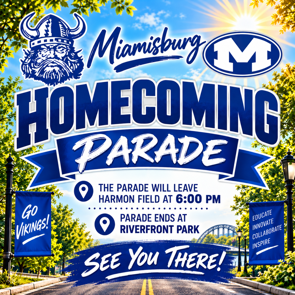 Advertisement for Homecoming Parade with text. A road leads to Harmon Field and ends at Riverfront Park.
