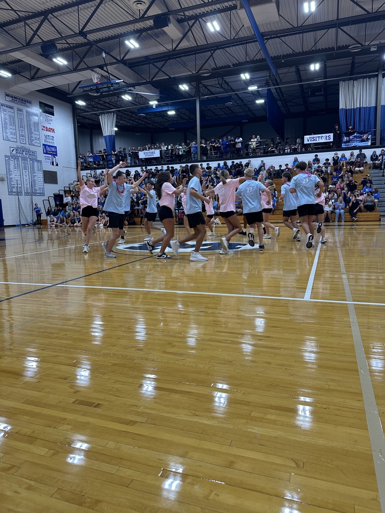 Group of athletes in pink shirts and white shorts celebrating on a basketball court. Audience seated in stands.