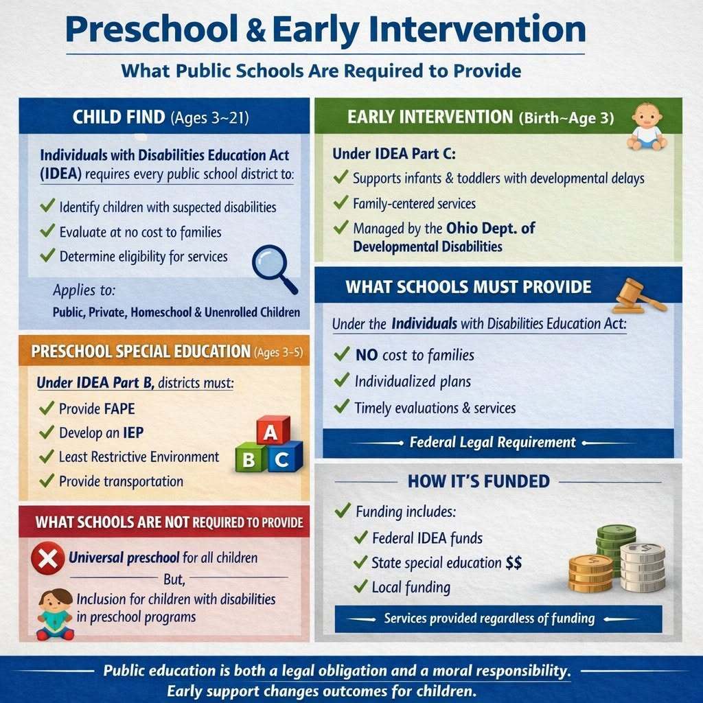 Infographic detailing preschool and early intervention services for children, listing what public schools are required to provide.