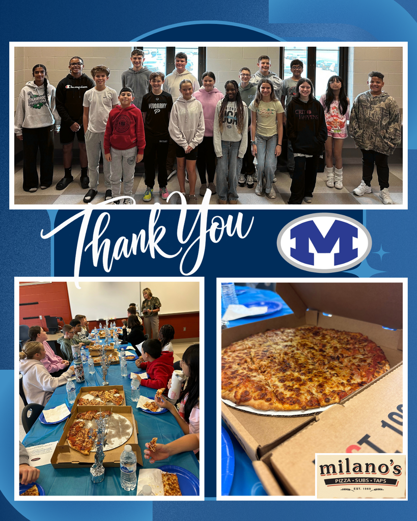 Collage of students and staff in a cafeteria, some sitting at a table with pizza, another group standing, and a pizza box.