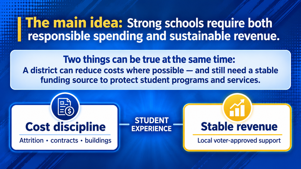 Blue background with text and icons. Text reads "Strong schools require both responsible spending and sustainable revenue." Icons represent cost discipline and stable revenue.