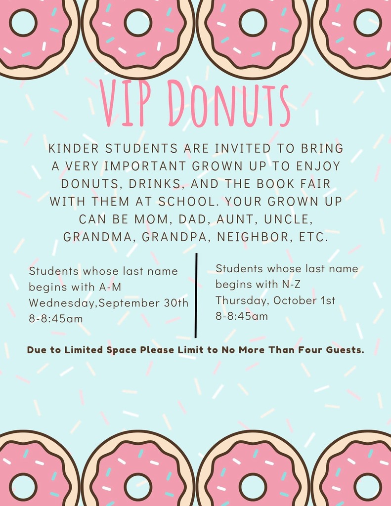 An invitation for kinder students. A pink donut design is at the top and bottom. It has a blue background.