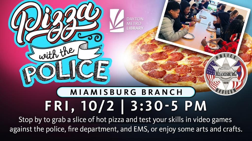 Poster with pizza image, "Pizza with the Police" text, and event details for Oct 2, 3:30-5 PM.
