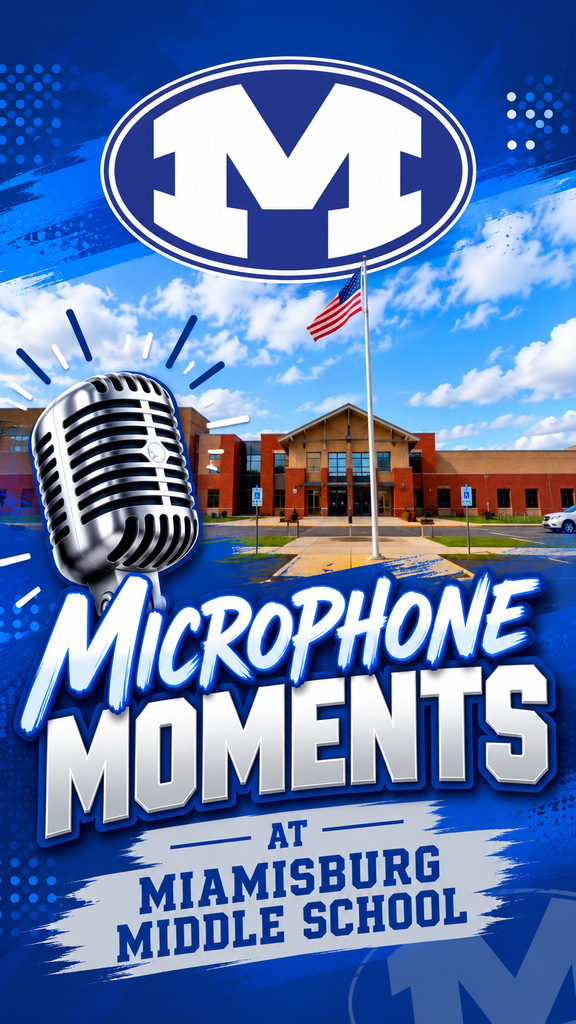 Advertisement for "Microphone Moments at Miamisburg Middle School" features microphone, U.S. flag, and school building with blue sky background.
