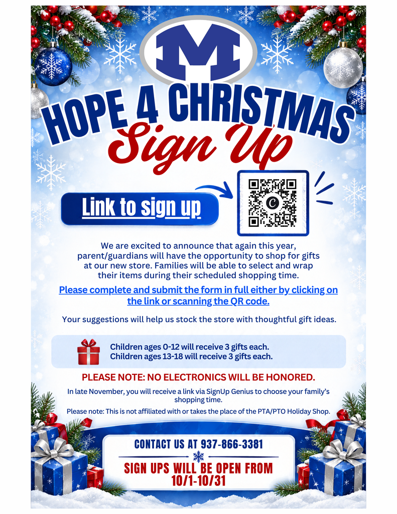 A promotional poster with snowflakes and gift boxes. It reads "Hope 4 Christmas Sign Up" with QR code and a list of details.