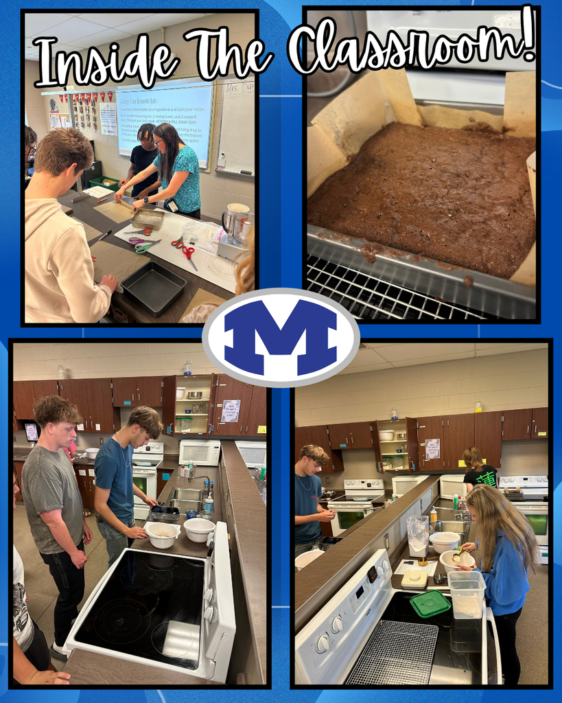 Four photos show students working in a kitchen. One is standing at a counter. Another is in front of an oven.