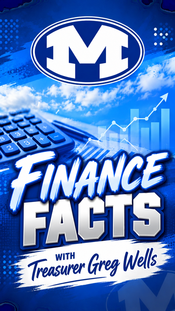 A blue background shows a logo, calculator, and graph. The title reads "Finance Facts with Treasurer Greg Wells" in bold.