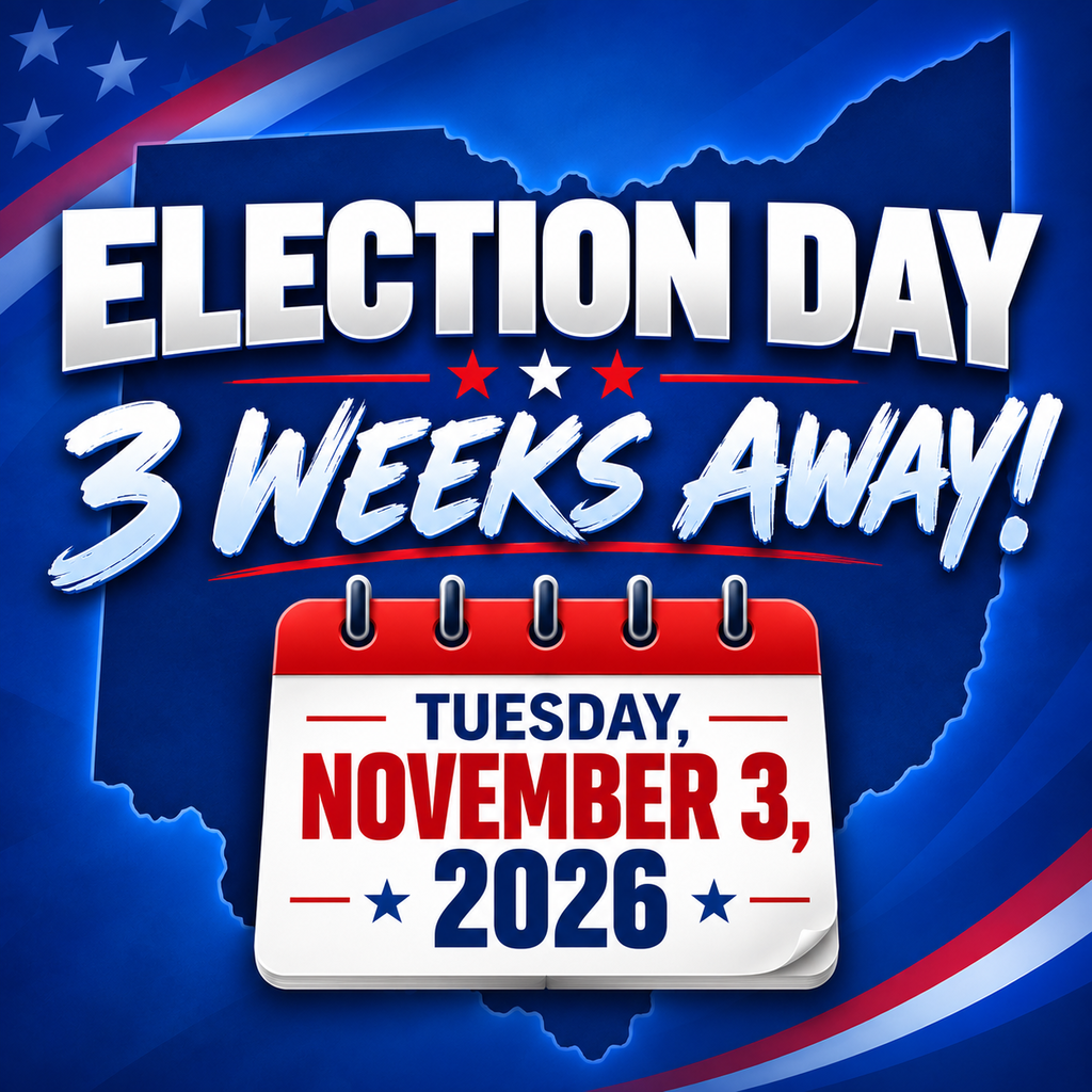 A blue background with stars displays a calendar. It highlights November 3, 2026, and states Election Day is three weeks away.