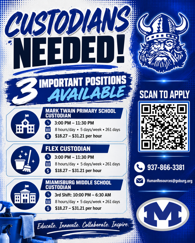 A poster for a job opportunity. It says "Custodians Needed!" with three available positions listed. Contact information is provided.