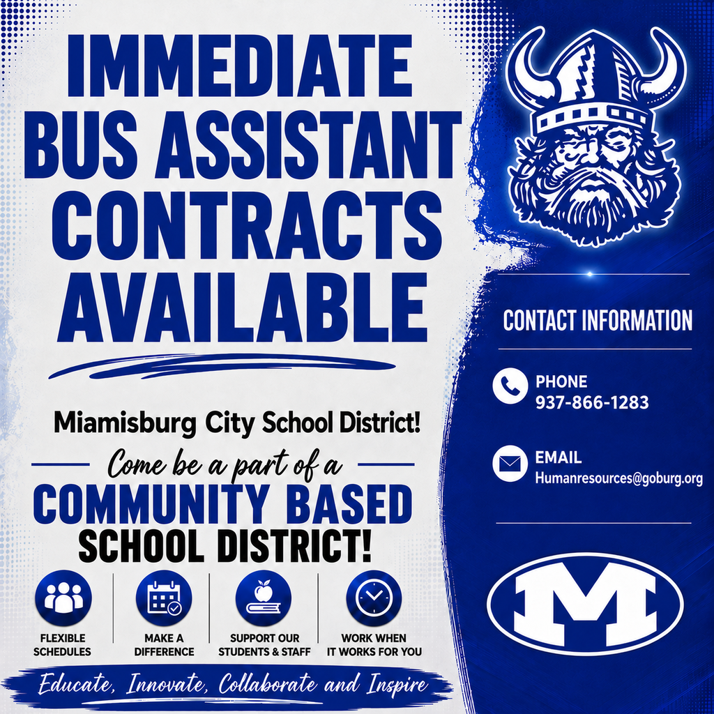 Blue and white poster with a Viking logo. Text reads "Immediate Bus Assistant Contracts Available" with contact information below.