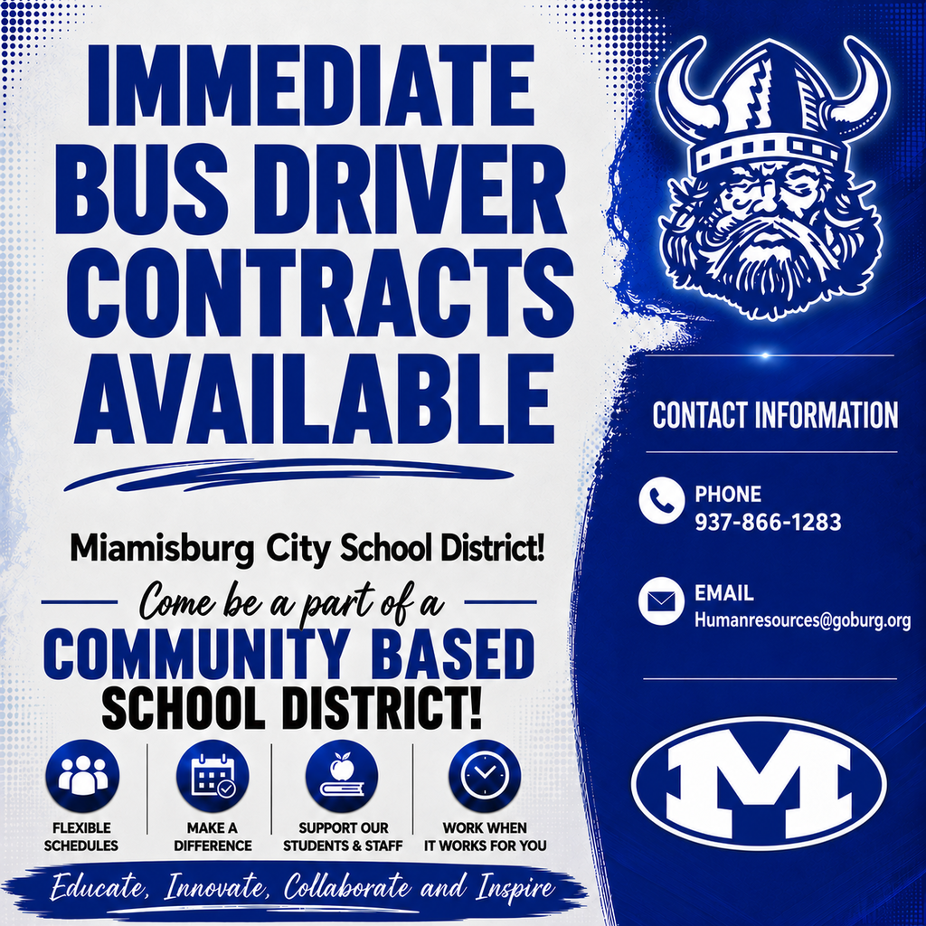Blue and white poster advertising bus driver contracts. Viking logo, phone number, and email. Text reads "Immediate Bus Driver Contracts Available."