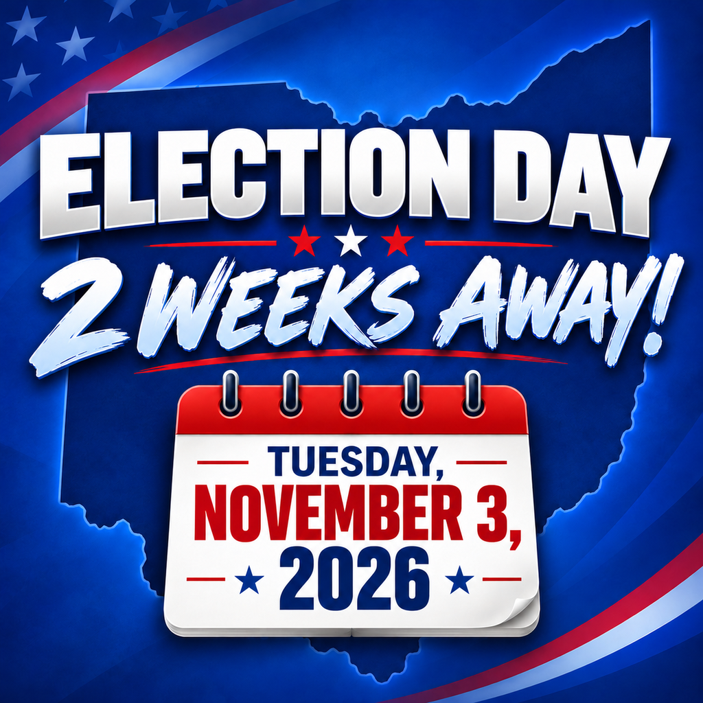 Calendar with November 3, 2026, on a blue background with stars and text "Election Day 2 weeks away!"