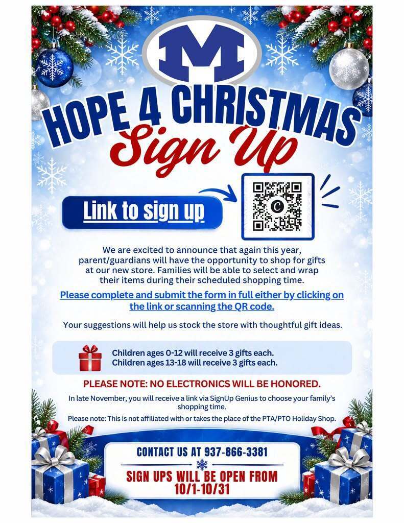 Holiday flyer with blue border, text reading "HOPE 4 CHRISTMAS Sign Up" with QR code.