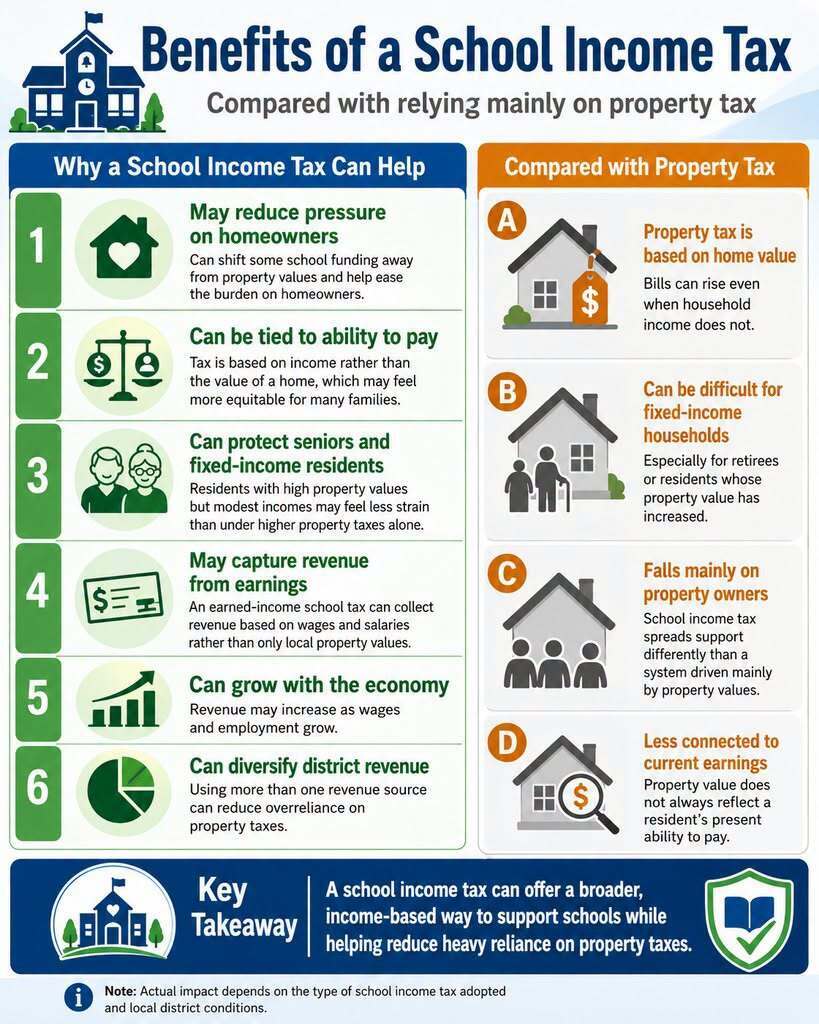 Blue and white infographic with a house icon. Text explains how a school income tax may help.