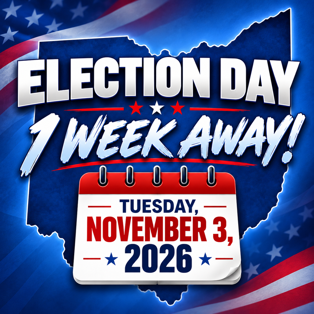 A poster for Election Day 7 weeks away. It has a calendar on it with the date November 3, 2026.
