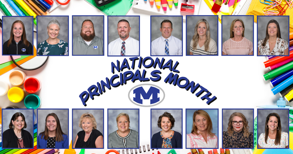 Collage of principal photos with colorful school supplies around the text "National Principals Month"