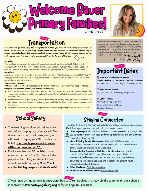 Bauer Primary Welcome Letter From Principal Snively