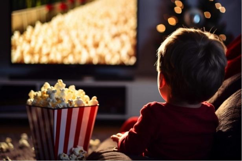 a child with popcorn watching a movie