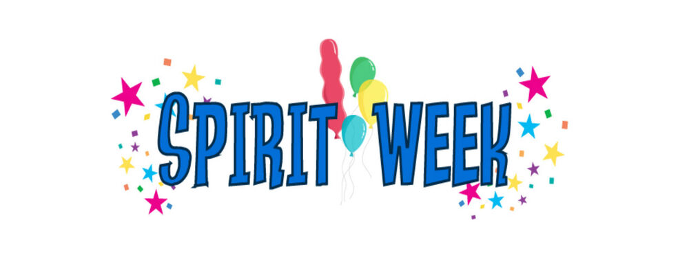 Spirit week text in blue with stars and balloons