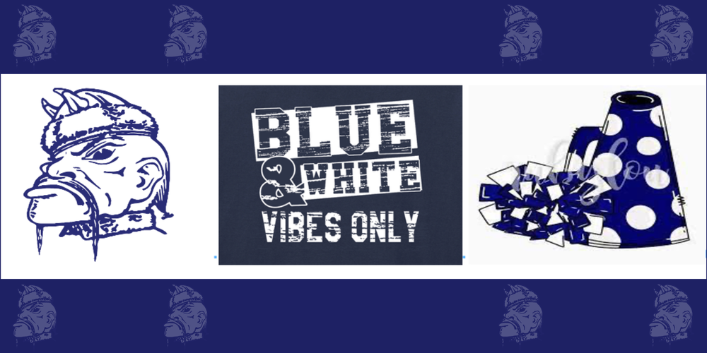 Tartar, Blue & White Vibes Only, Blue and white pompom and megaphone