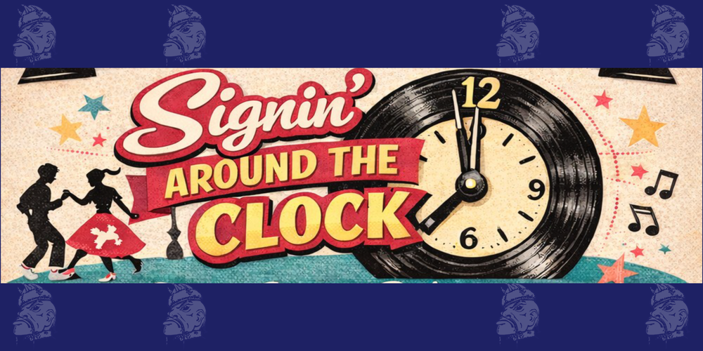 A boy dancing with a girl in a poodle skirt and a vinyl record clock with the words Signin' Around the Clock