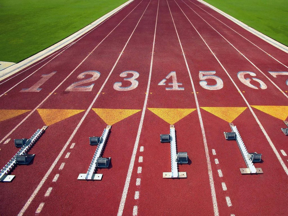 A track with lanes and starter blocks