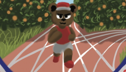 cartoon bear in track outfit running on a track