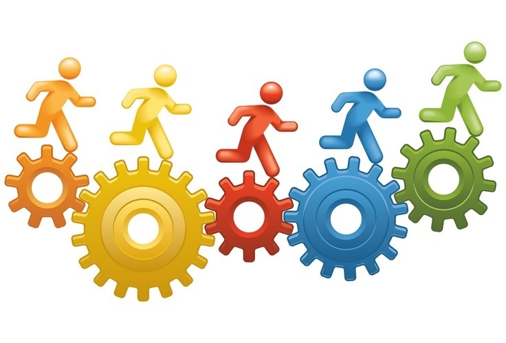 colorful people running on gears