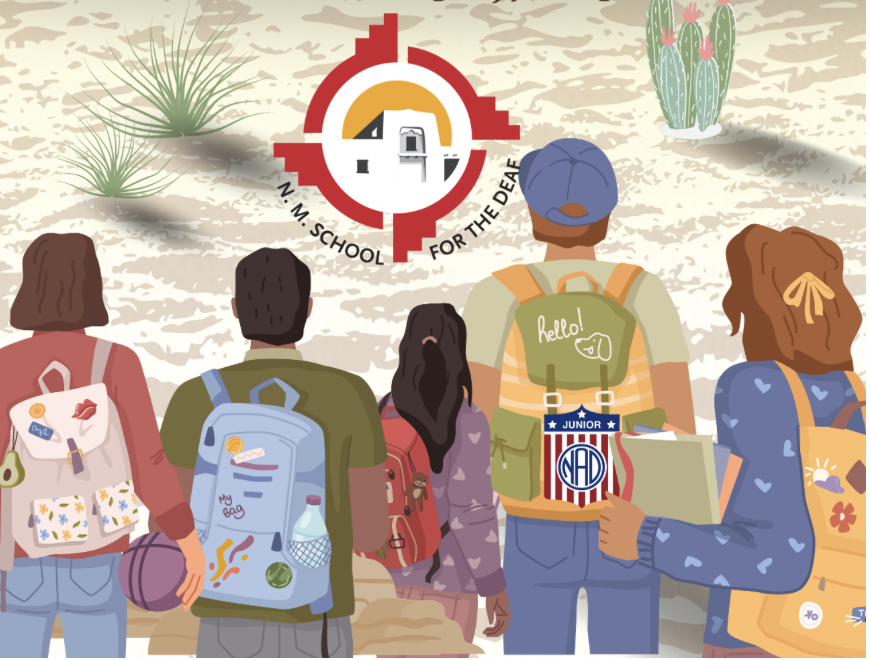 Students looking out at the desert with a NM school for the Deaf logo