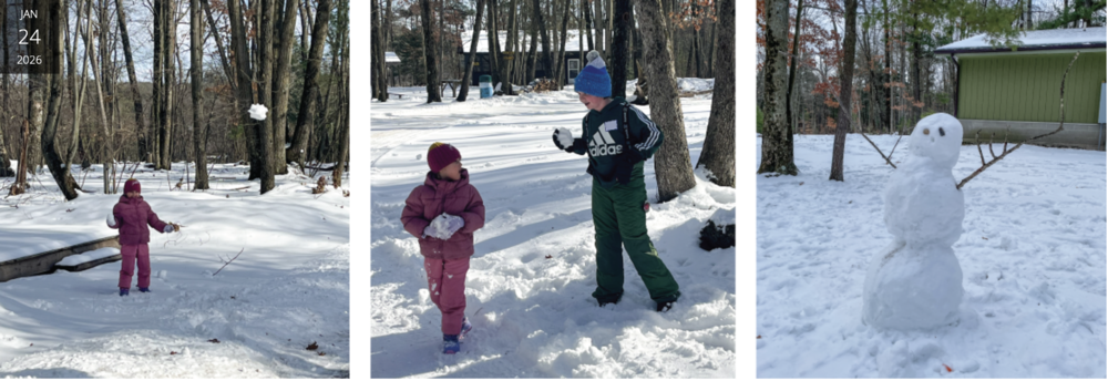 Kids playing in the snow, and a snowman