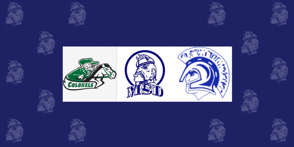 logos for Kentucky, Michigan and Ohio schools for the Deaf on a navy blue background with gray tartars
